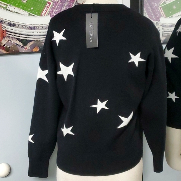 RACHEL ZOE BLACK W/WHITE STARS WARM&THICK CREW NECK SWEATER SZ MEDIUM - Picture 6 of 11